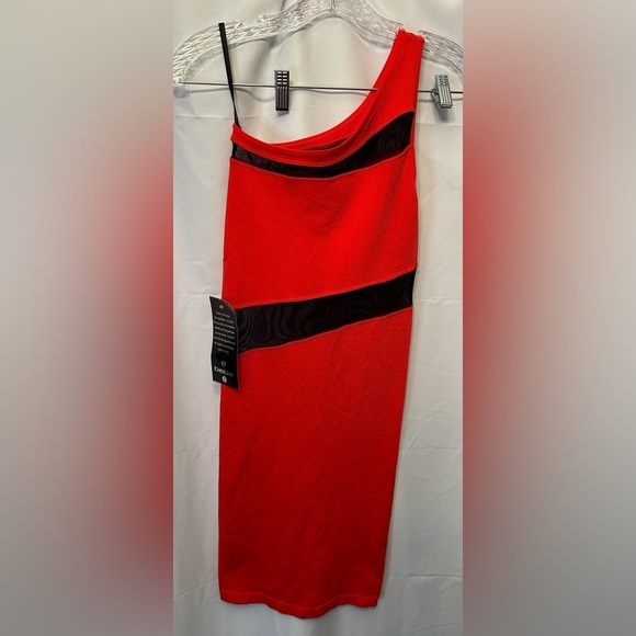 NWT BEBE Dress Bodycon One Shoulder Red Black Mesh Sheer Size Small Petite - Picture 1 of 10